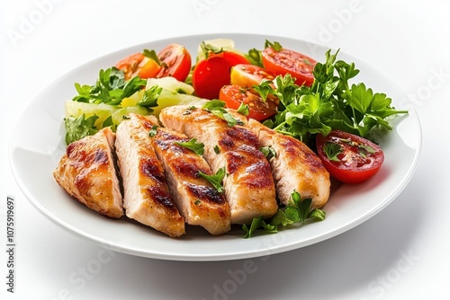 Grilled chicken breast with fresh salad on white plate.