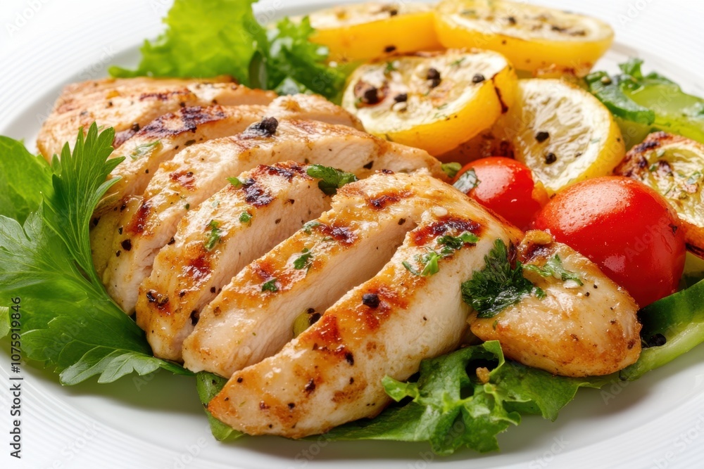 Grilled chicken breast with lemon, tomato, and lettuce on a plate. Grilled chicken breast with lemon, tomato, and lettuce on a plate.