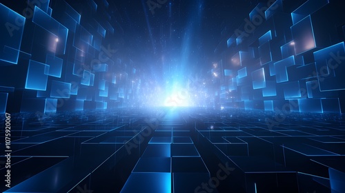 digital technology blue grid point line light beam poster background