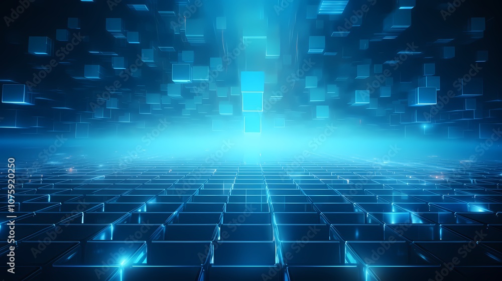 Fototapeta premium digital technology blue grid point line light beam poster background