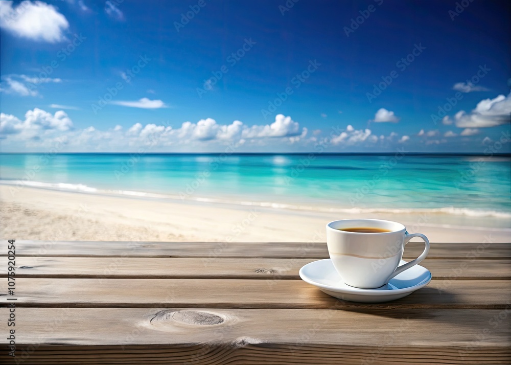 On a wooden table, a pristine white cup captures the essence of summer, framed by a blurred blue sea and sandy beach, inviting calm and peace. On a wooden table, a pristine white cup captures the essence of summer, framed by a blurred blue sea and sandy beach, inviting calm and peace.