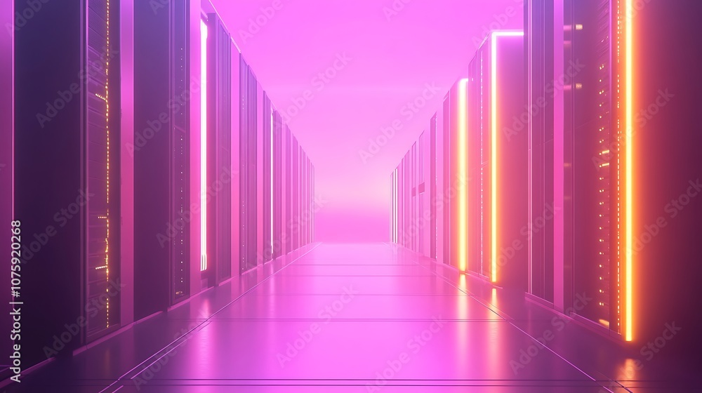 A futuristic server room with glowing lights and a sleek corridor, emphasizing technology and data storage. A futuristic server room with glowing lights and a sleek corridor, emphasizing technology and data storage.