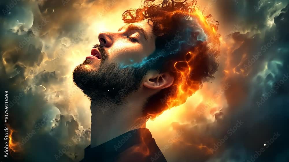A man with curly hair stands in a field of clouds and flames, his head engulfed in fire A man with curly hair stands in a field of clouds and flames, his head engulfed in fire