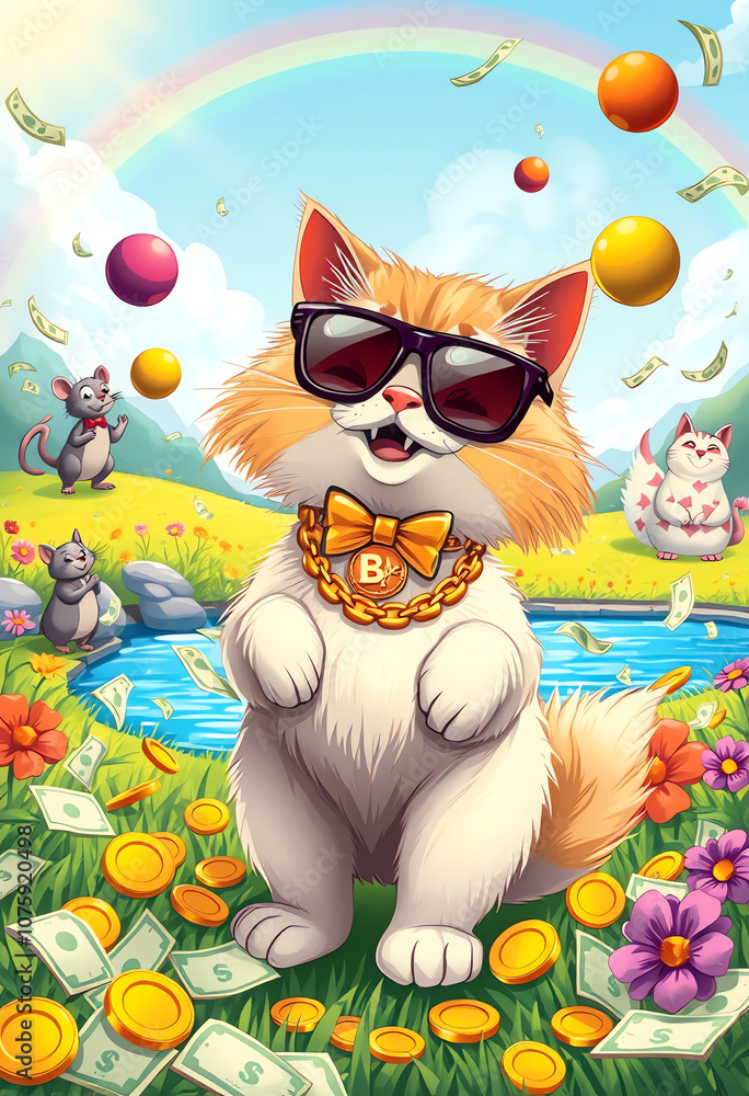 cartoon cat illustration with sun glasses and gold dollar cartoon cat illustration with sun glasses and gold dollar