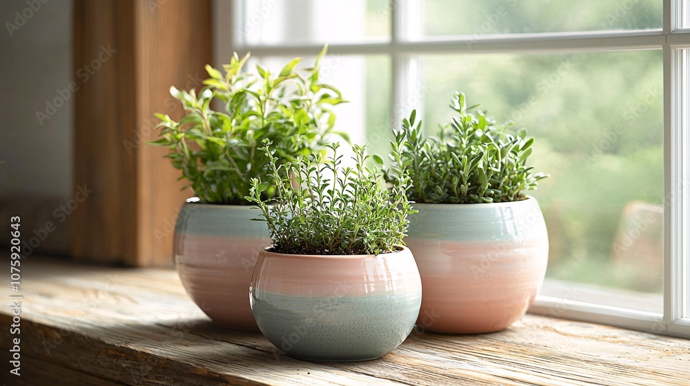 Fototapeta premium Arrange soft pastel ceramic pots with lush greenery