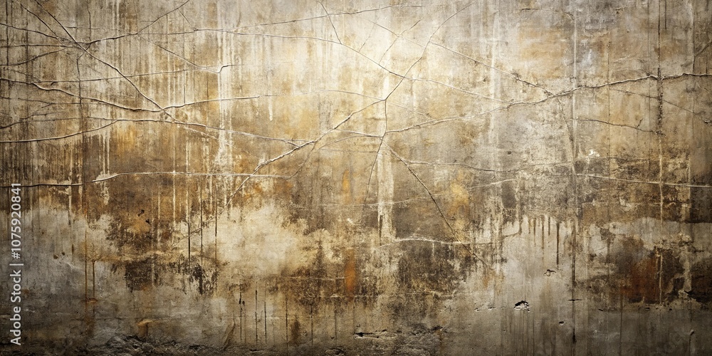 Obraz premium A weathered concrete wall with a network of cracks and faded streaks, revealing a history of time and exposure.