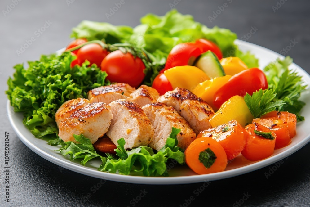 Grilled chicken breast with vegetables on a white plate. (1) Grilled chicken breast with vegetables on a white plate. (1)