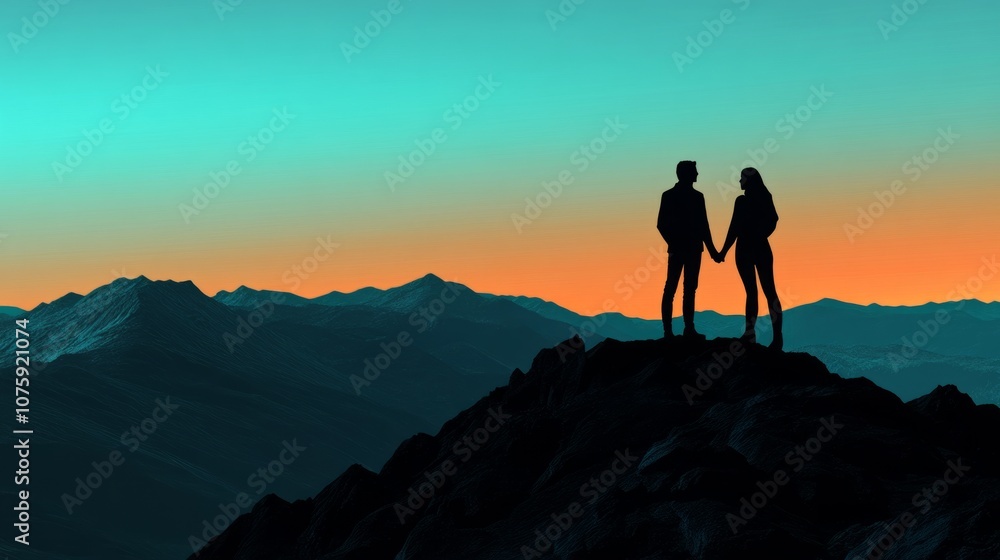 Φωτογραφία silhouette of a couple on the top of a mountain at dawn, each looking towards op
