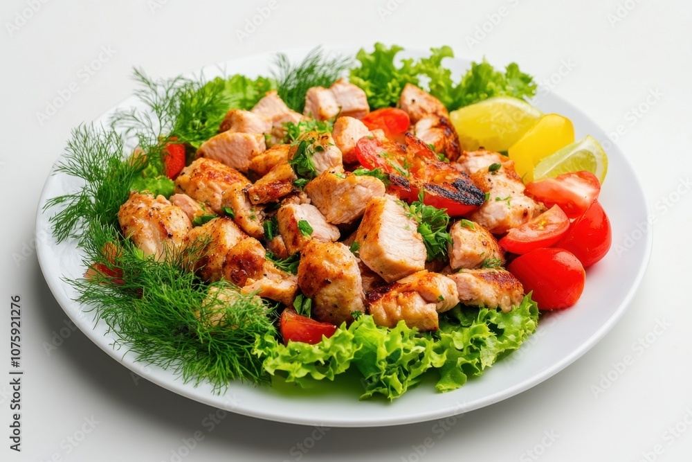 Fototapeta premium Grilled chicken salad with cherry tomatoes, dill, and lemon wedges on a white plate.