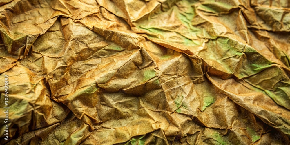 The Wrinkled Texture of a Golden Brown Paper, Featuring Subtle Green Hues and a Rough, Uneven Surface