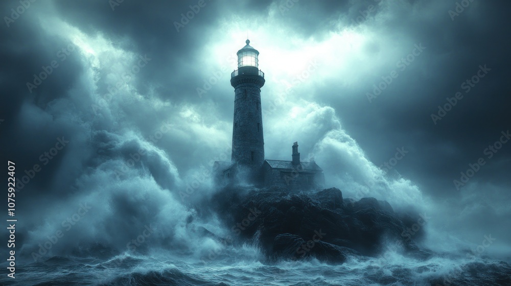 A dramatic lighthouse amidst turbulent waves under a stormy sky. A dramatic lighthouse amidst turbulent waves under a stormy sky.