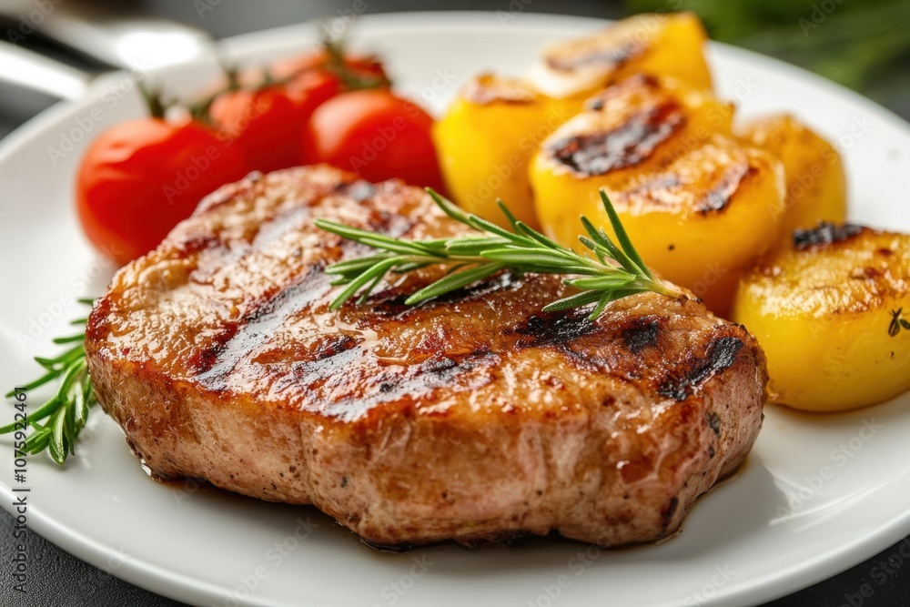 Grilled pork steak with potatoes and tomatoes on a white plate. Grilled pork steak with potatoes and tomatoes on a white plate.