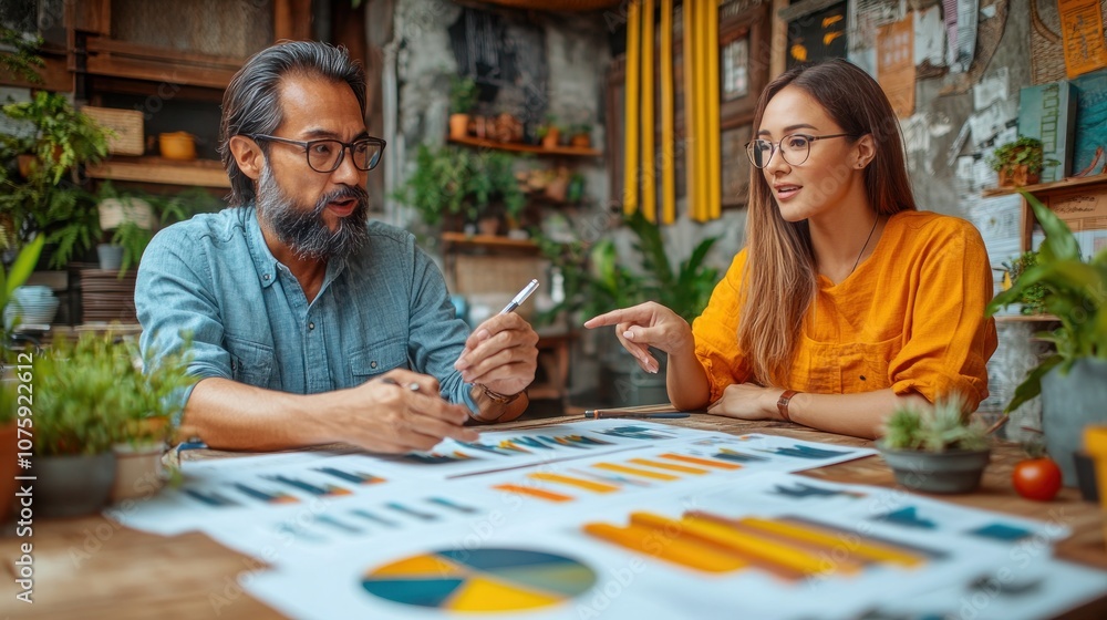Fototapeta premium A man and woman in a casual office setting, analyzing a chart spread out on a wooden table.