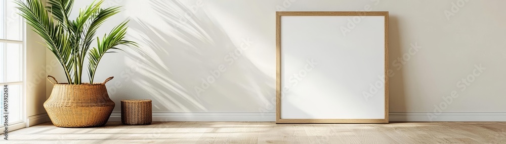 Spacious beach home with a blank framed portrait canvas, sunlight, and sea view for artwork display Spacious beach home with a blank framed portrait canvas, sunlight, and sea view for artwork display