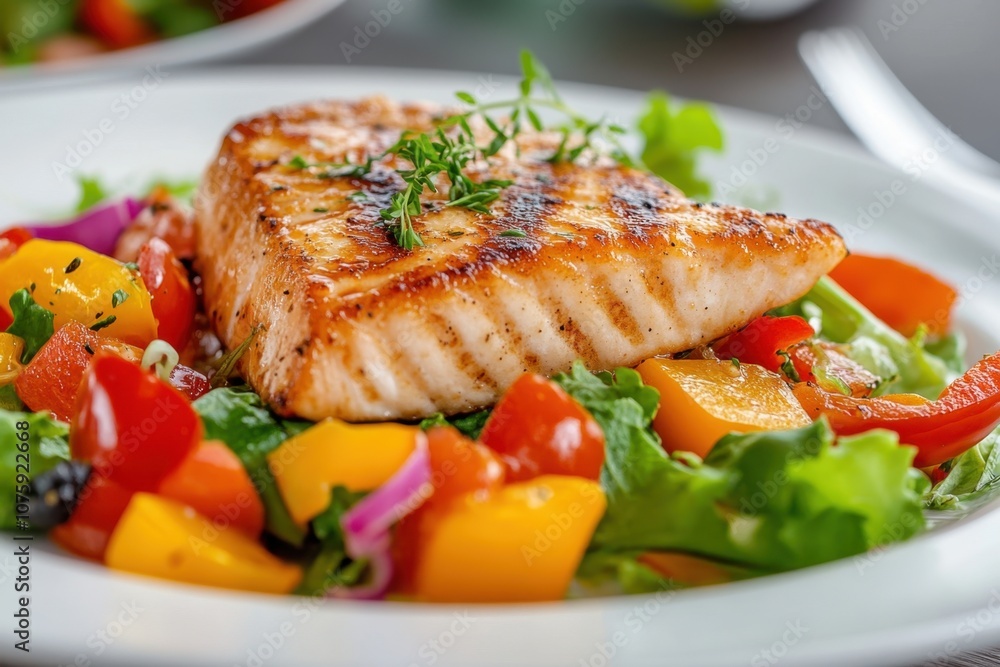 Grilled salmon fillet on bed of fresh salad. Grilled salmon fillet on bed of fresh salad.