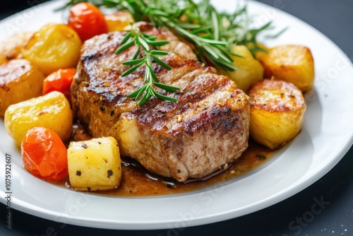 Grilled pork steak with roasted potatoes and cherry tomatoes.