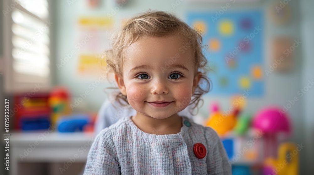 Fototapeta premium A smiling toddler in a colorful playroom filled with toys.