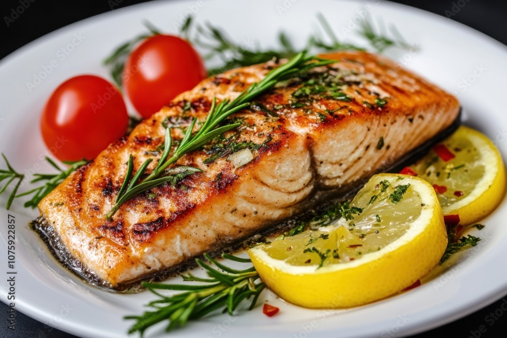 Grilled salmon fillet with lemon wedges and rosemary sprigs. Grilled salmon fillet with lemon wedges and rosemary sprigs.