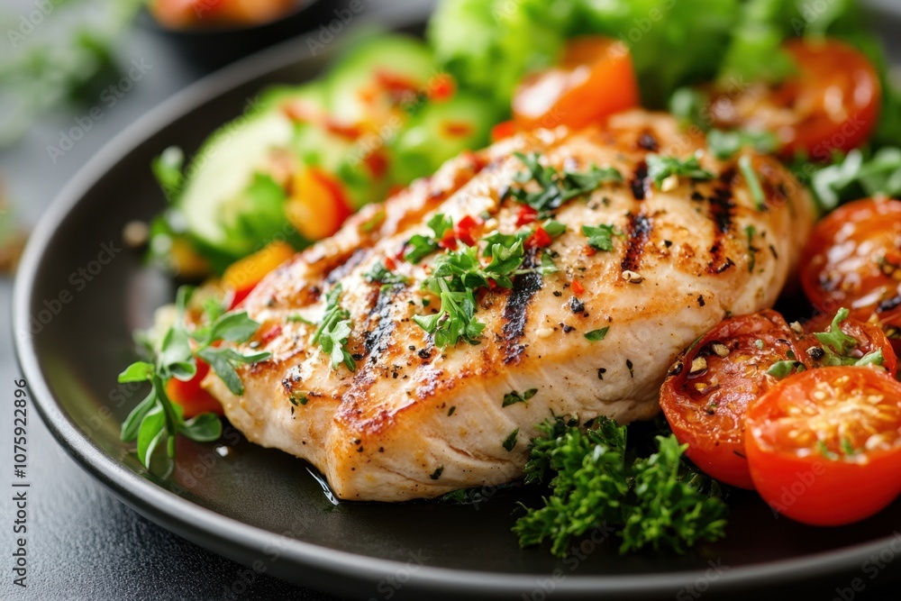 Grilled salmon fillet with roasted cherry tomatoes and fresh salad on a black plate. Grilled salmon fillet with roasted cherry tomatoes and fresh salad on a black plate.