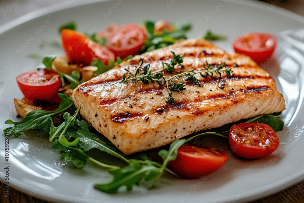 Grilled salmon with cherry tomatoes and arugula. Grilled salmon with cherry tomatoes and arugula.