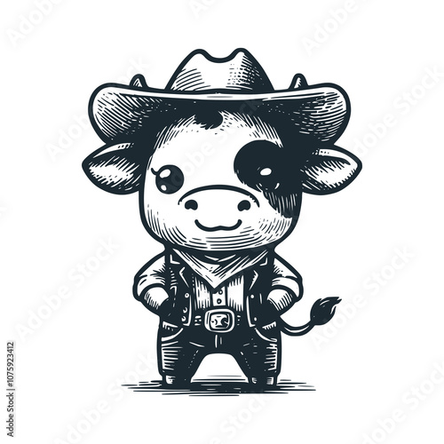 Cow wearing a cowboy hat. Black white vector illustration.