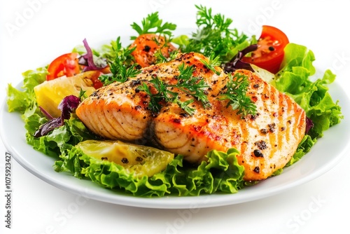 Grilled salmon with vegetables on a white plate.