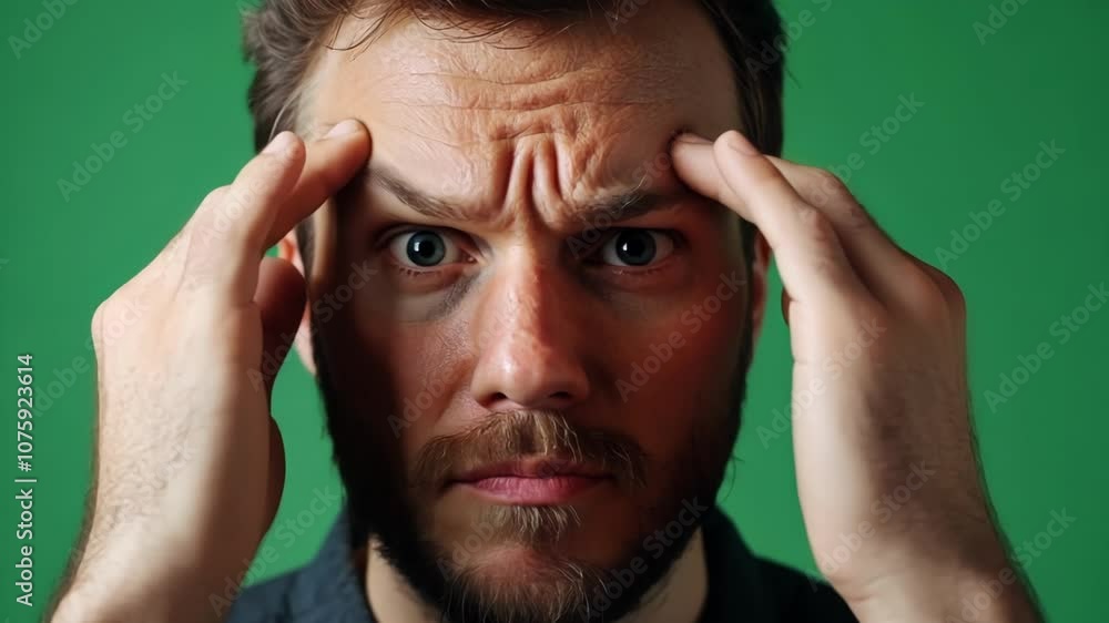 Young man with a beard is showing a concerned and worried facial expression while standing in front of a green screen Young man with a beard is showing a concerned and worried facial expression while standing in front of a green screen