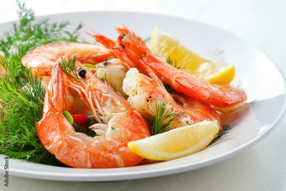 Grilled shrimp with lemon wedges and dill on white plate. Grilled shrimp with lemon wedges and dill on white plate.