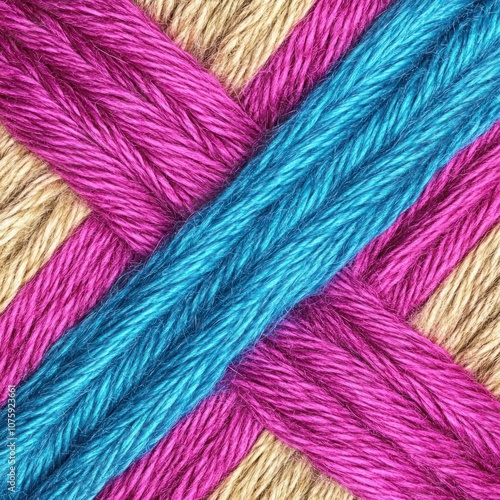 Colorful Textured Background with Intertwined Yarn in Purple, Pink, and Blue Shades Creating a Striking and Vibrant Pattern for Craft and Design Use