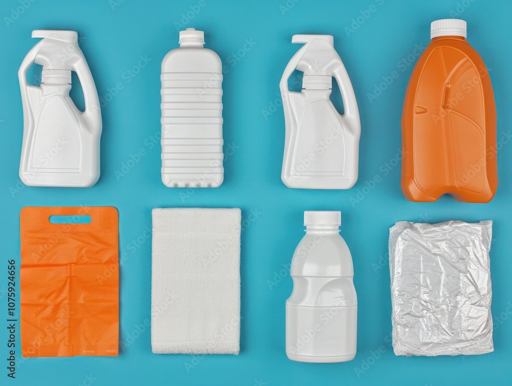 Clean and Organized Household Cleaning Supplies on a Bright Blue Background Featuring Various Bottles, Containers, and Cloths for an Efficient Cleaning Routine Clean and Organized Household Cleaning Supplies on a Bright Blue Background Featuring Various Bottles, Containers, and Cloths for an Efficient Cleaning Routine