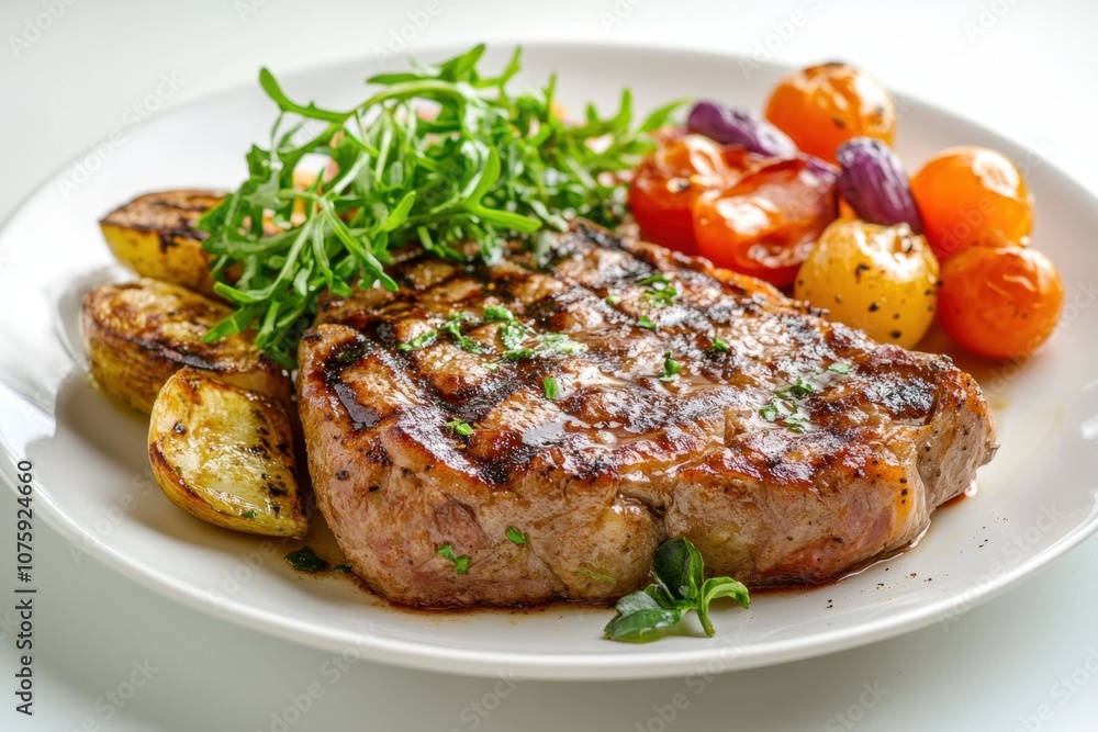 Grilled steak with roasted potatoes and tomatoes. Grilled steak with roasted potatoes and tomatoes.