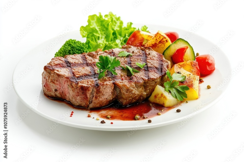 Grilled steak with roasted vegetables and sauce. Grilled steak with roasted vegetables and sauce.