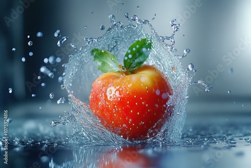 Water Splashing Over a Fresh Red apple