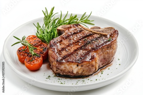 Grilled steak with rosemary and cherry tomatoes on a white plate.