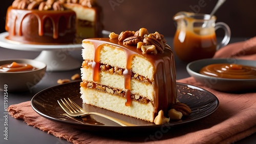 Appetizing Slice of Caramel with nuts cake.