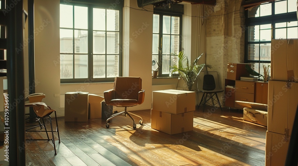 Fototapeta premium Office Relocation: A Workspace Filled with Chairs and Cardboard Boxes