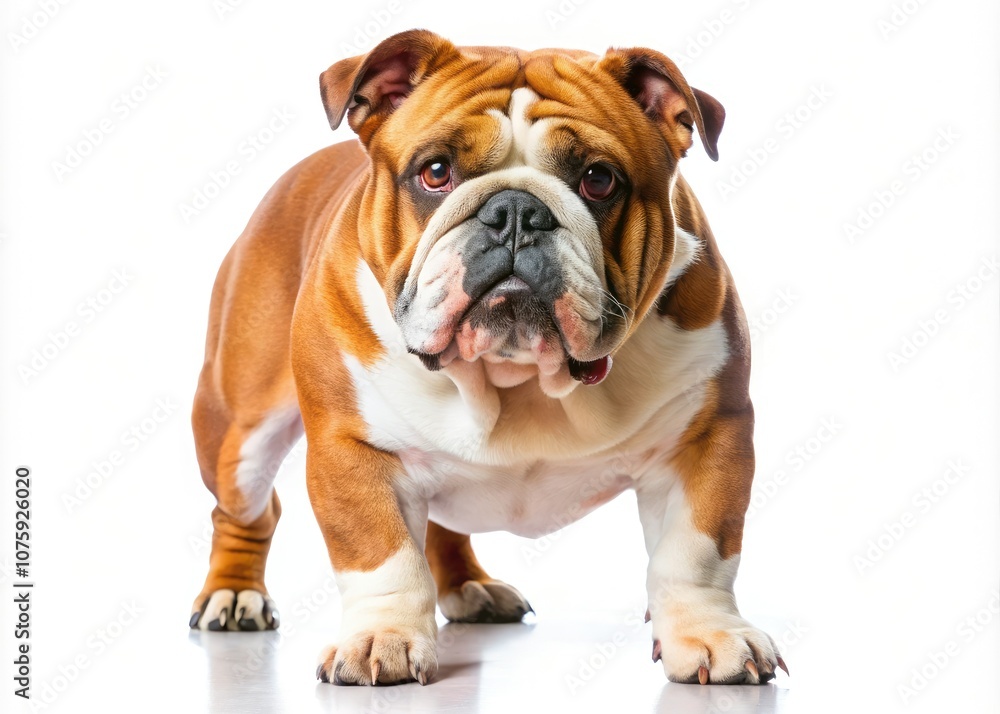 A bulldog walks in profile on a white background, showcasing its strong build and joyful spirit, perfect for dog lovers and animal aficionados seeking companionship. A bulldog walks in profile on a white background, showcasing its strong build and joyful spirit, perfect for dog lovers and animal aficionados seeking companionship.