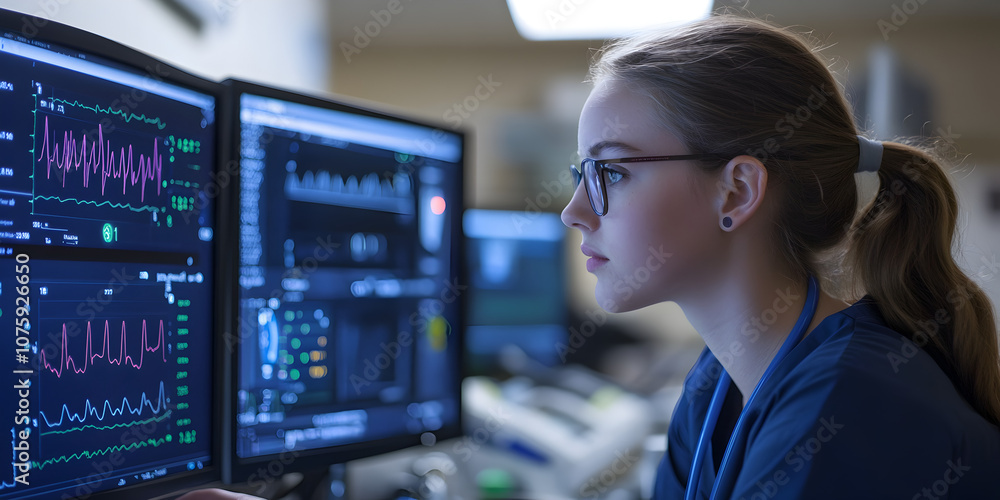 Focused on the Data: A female healthcare professional in scrubs, wearing glasses, intently studies data displayed on multiple computer screens. The room is filled with a sense of urgency. Focused on the Data: A female healthcare professional in scrubs, wearing glasses, intently studies data displayed on multiple computer screens. The room is filled with a sense of urgency.