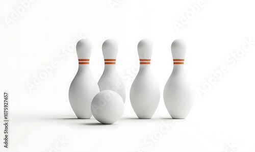 White bowling skittles full set with ball mock up, side view, 3d rendering. Empty bowl game pins mockup photo