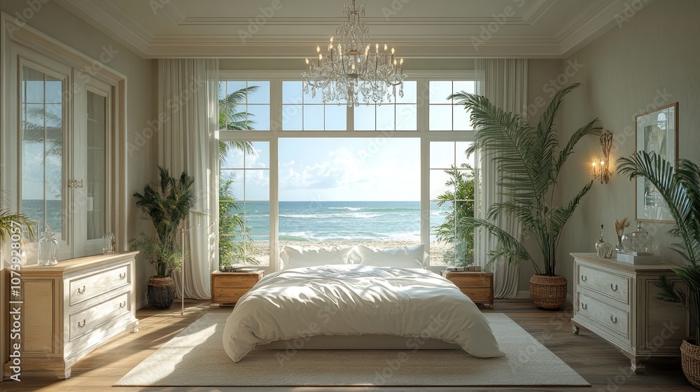 A luxurious bedroom with a large window overlooking the ocean. A luxurious bedroom with a large window overlooking the ocean.