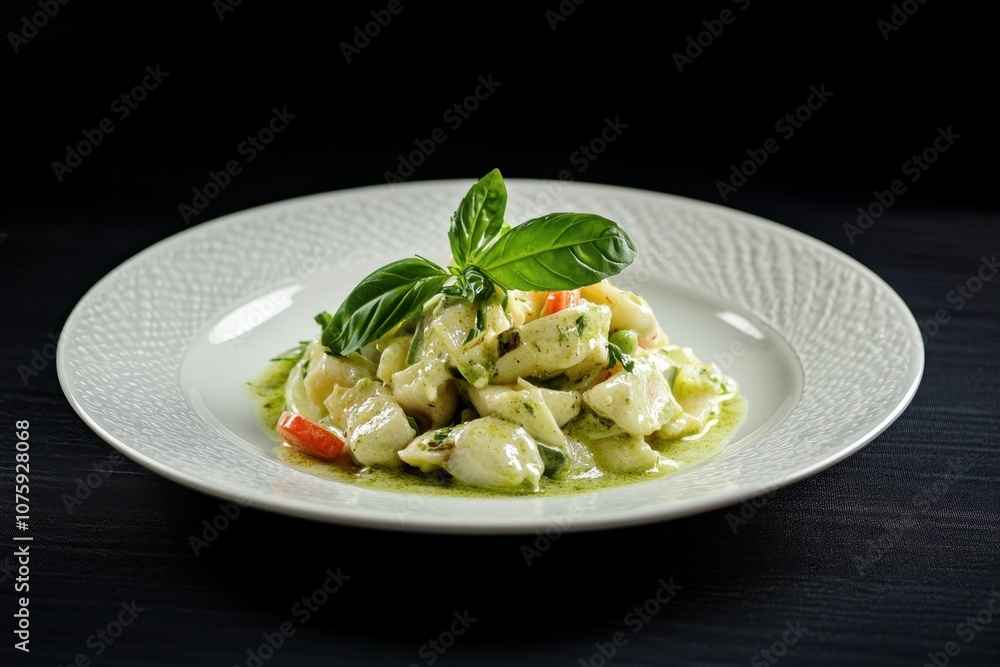 White plate of creamy pasta topped with basil leaves on black background. White plate of creamy pasta topped with basil leaves on black background.