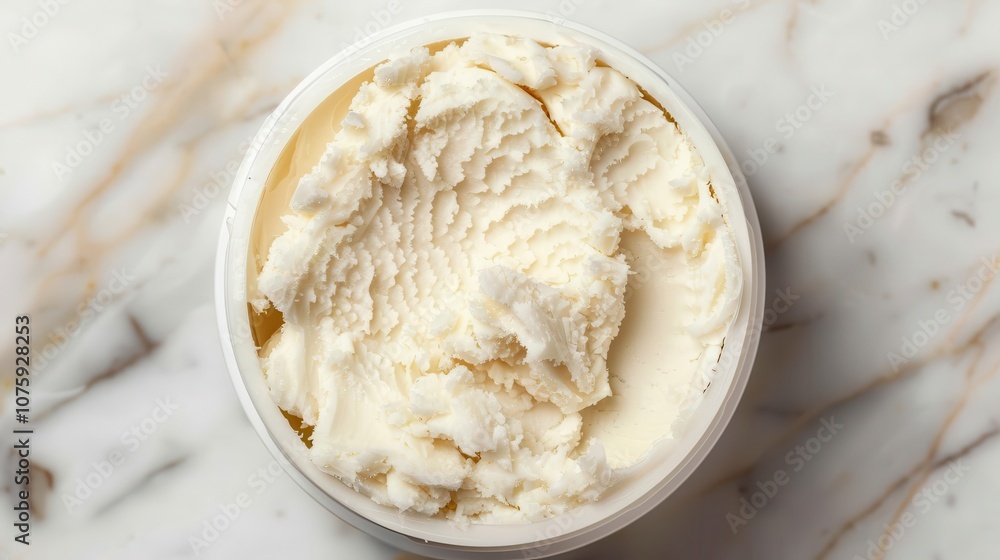 This image shows a creamy, textured substance in a round container, resting on a marble surface, suggesting a cosmetic or skincare product. This image shows a creamy, textured substance in a round container, resting on a marble surface, suggesting a cosmetic or skincare product.