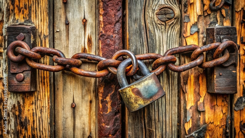 Closeup of a Chain and Padlock on a Boarded Up Door – Symbol of Security, Protection, and Abandonment in Urban Fashion Photography Closeup of a Chain and Padlock on a Boarded Up Door – Symbol of Security, Protection, and Abandonment in Urban Fashion Photography