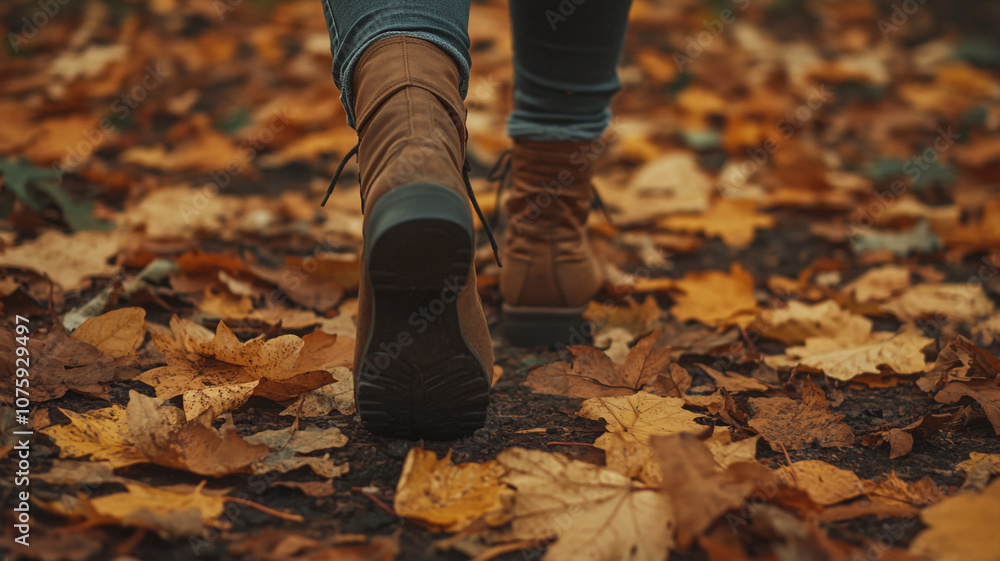 A person walks through a forest trail covered in autumn leaves during a crisp fall day A person walks through a forest trail covered in autumn leaves during a crisp fall day
