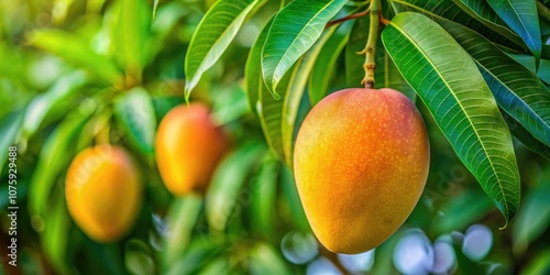 Wallpaper Mural Close-Up of a Ripe Mango on a Branch with Lush Green Leaves, Tropical Fruit Photography, Nature's Bounty, Fresh Organic Produce, Vibrant Colors, Summer Harvest, Healthy Lifestyle Torontodigital.ca