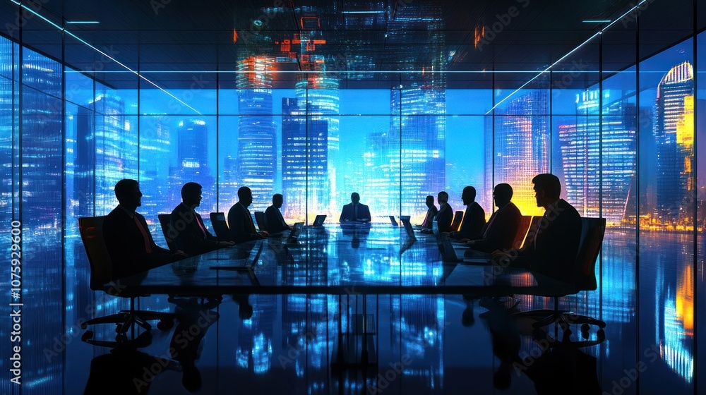 Silhouettes of Business People in a Meeting Room with a Cityscape View Silhouettes of Business People in a Meeting Room with a Cityscape View
