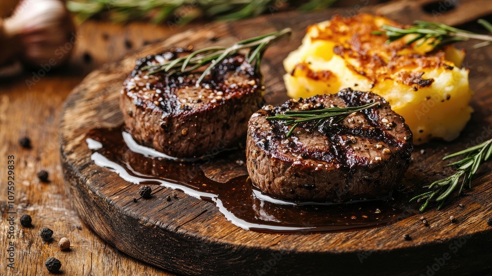 Close-up of beef medallions drizzled with luxurious truffle sauce, paired with crispy potato gratin, rustic wooden table, warm natural lighting, photorealistic Close-up of beef medallions drizzled with luxurious truffle sauce, paired with crispy potato gratin, rustic wooden table, warm natural lighting, photorealistic