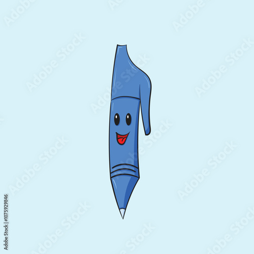 Blue pen with eyes, smiling, tongue sticking out.