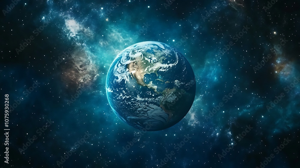 A vibrant depiction of Earth in space, surrounded by a starry cosmos. A vibrant depiction of Earth in space, surrounded by a starry cosmos.