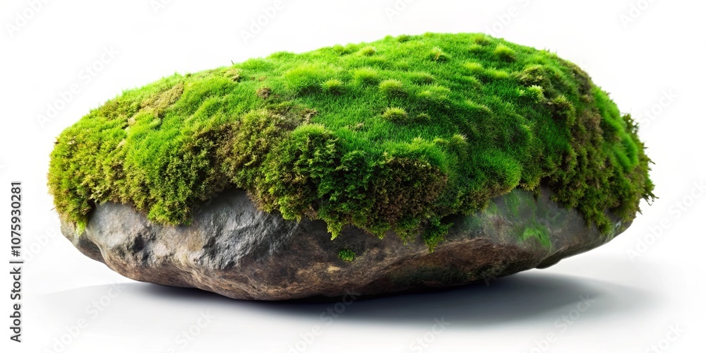 A mossy rock resting on a pristine white background, showcasing the vibrant green hues of nature's resilience. A mossy rock resting on a pristine white background, showcasing the vibrant green hues of nature's resilience.